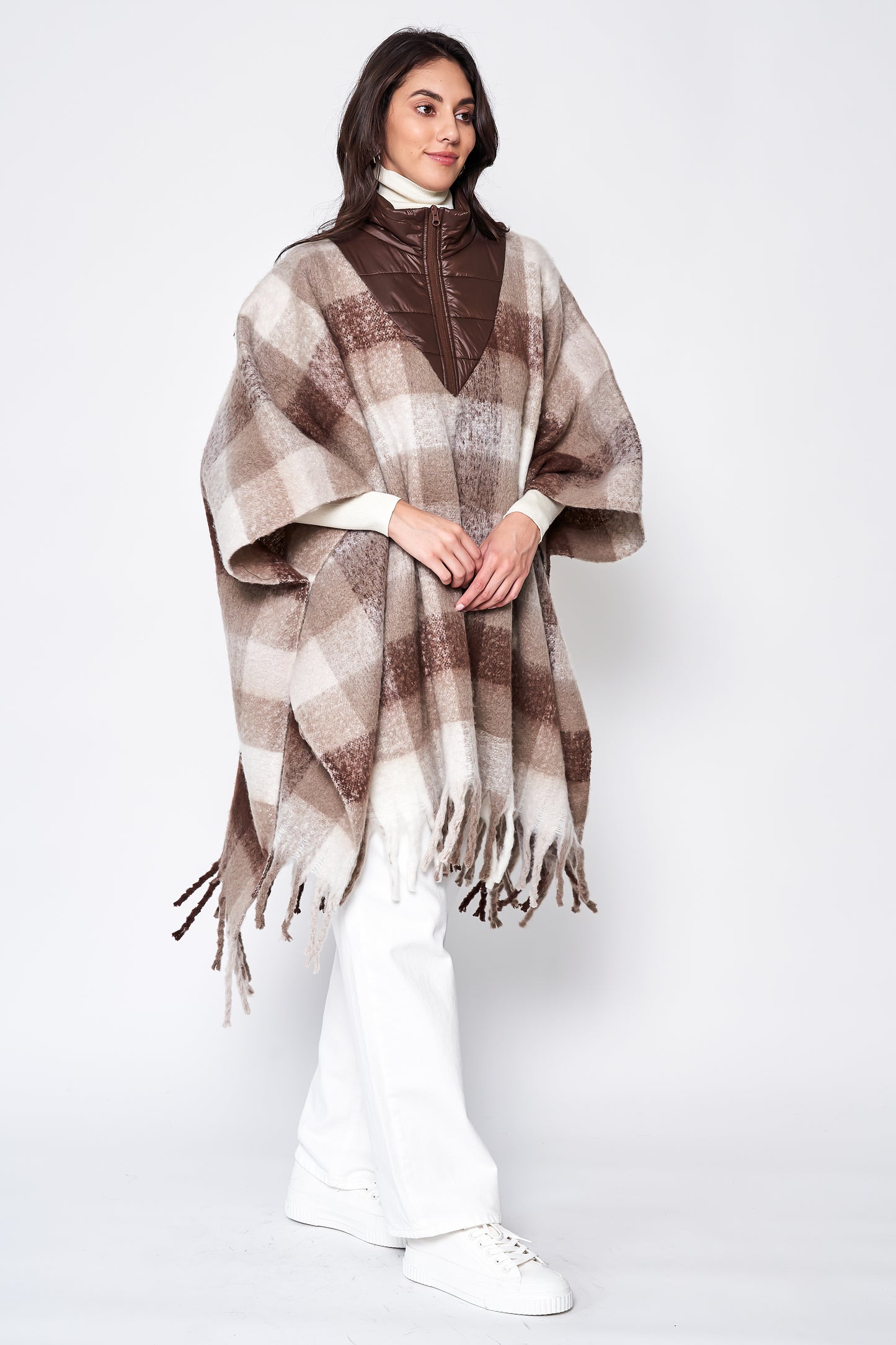 Plaid Half Zip Up Fringe Poncho