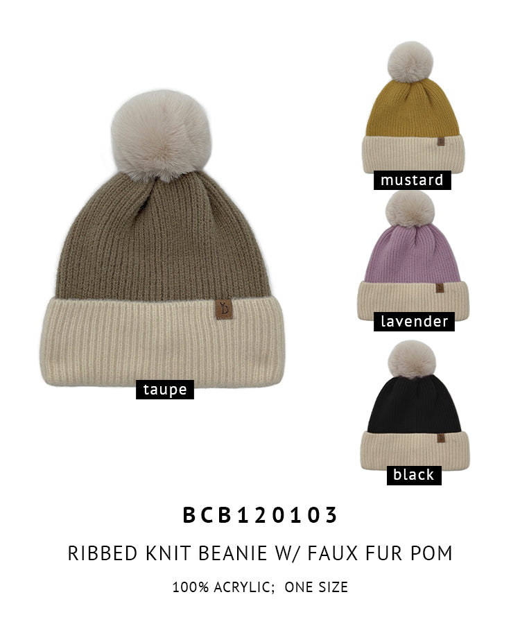 Ribbed Knit Beanie With Faux Fur Pom