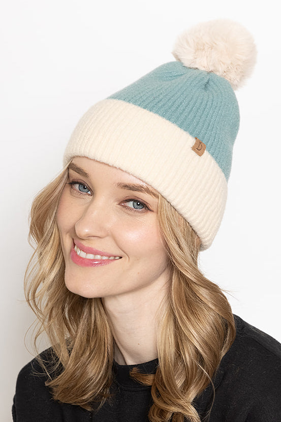 Ribbed Knit Beanie With Faux Fur Pom