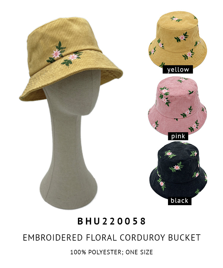 Embroidered Floral Corduroy Bucket