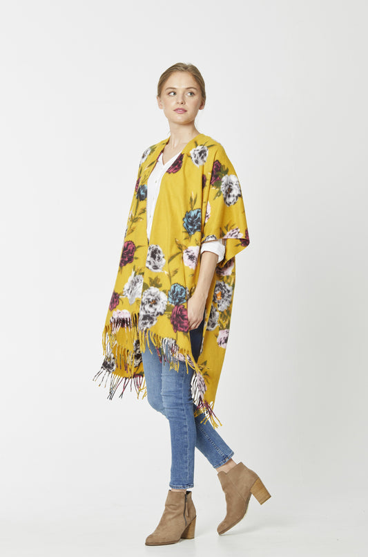 Floral Print Kimono With Fringe