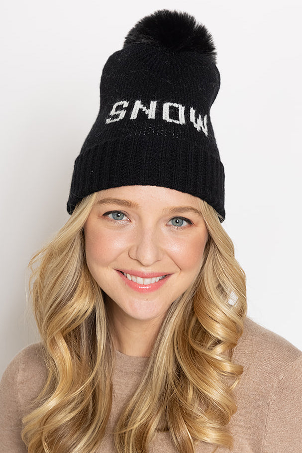 Snow Verbiage Faux Fur Pom Beanie