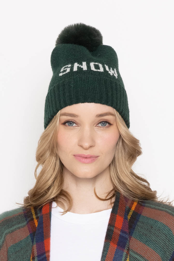 Snow Verbiage Faux Fur Pom Beanie