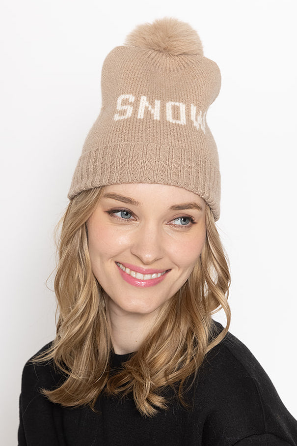 Snow Verbiage Faux Fur Pom Beanie