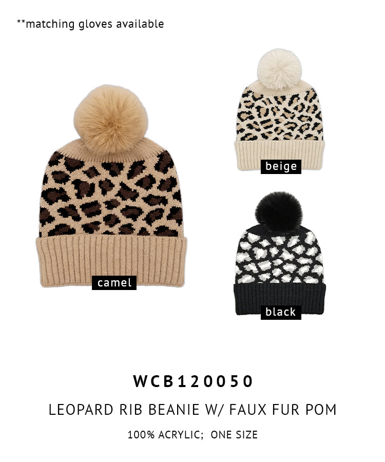 Leopard Rib Beanie With Faux Fur Pom