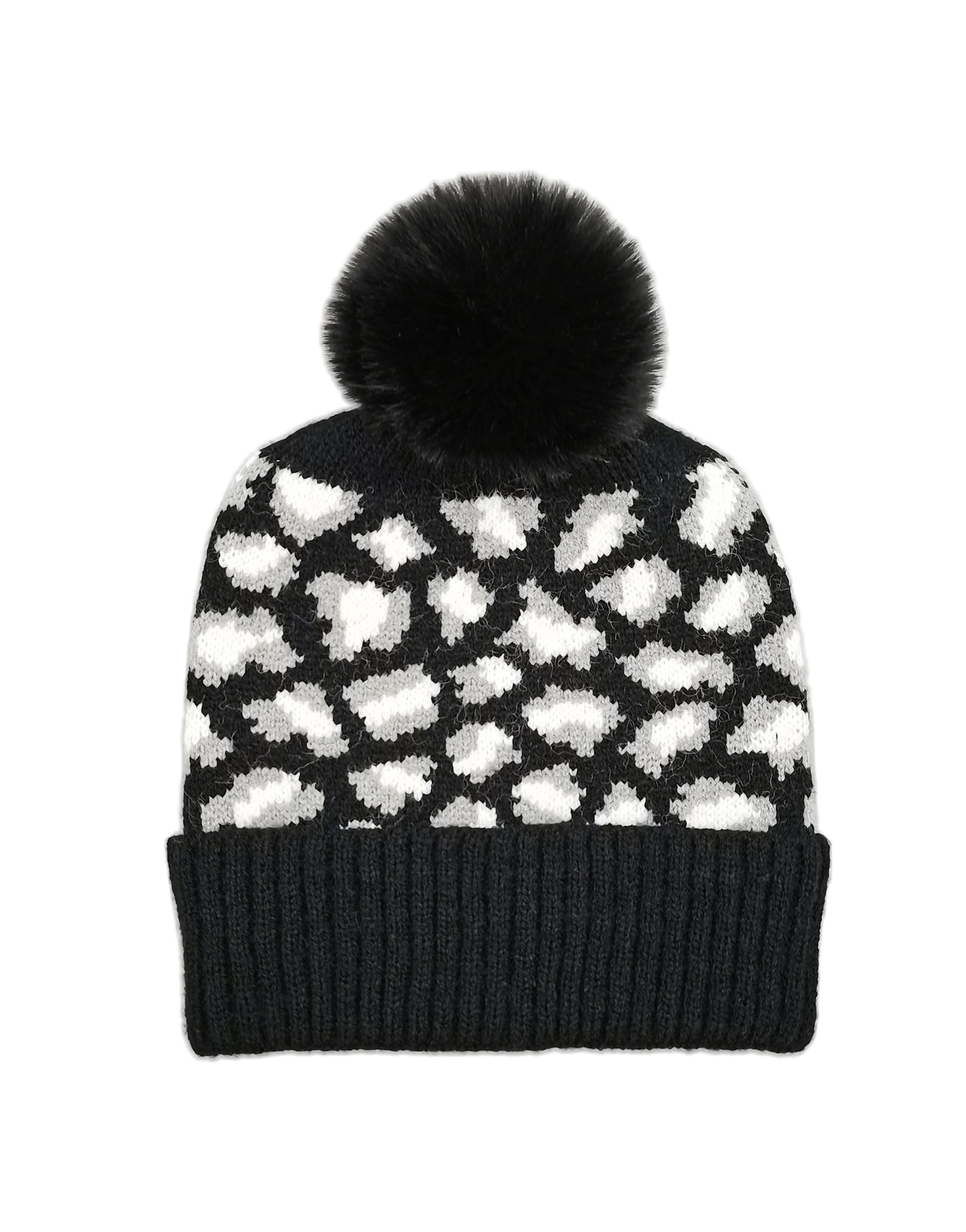 Leopard Rib Beanie With Faux Fur Pom