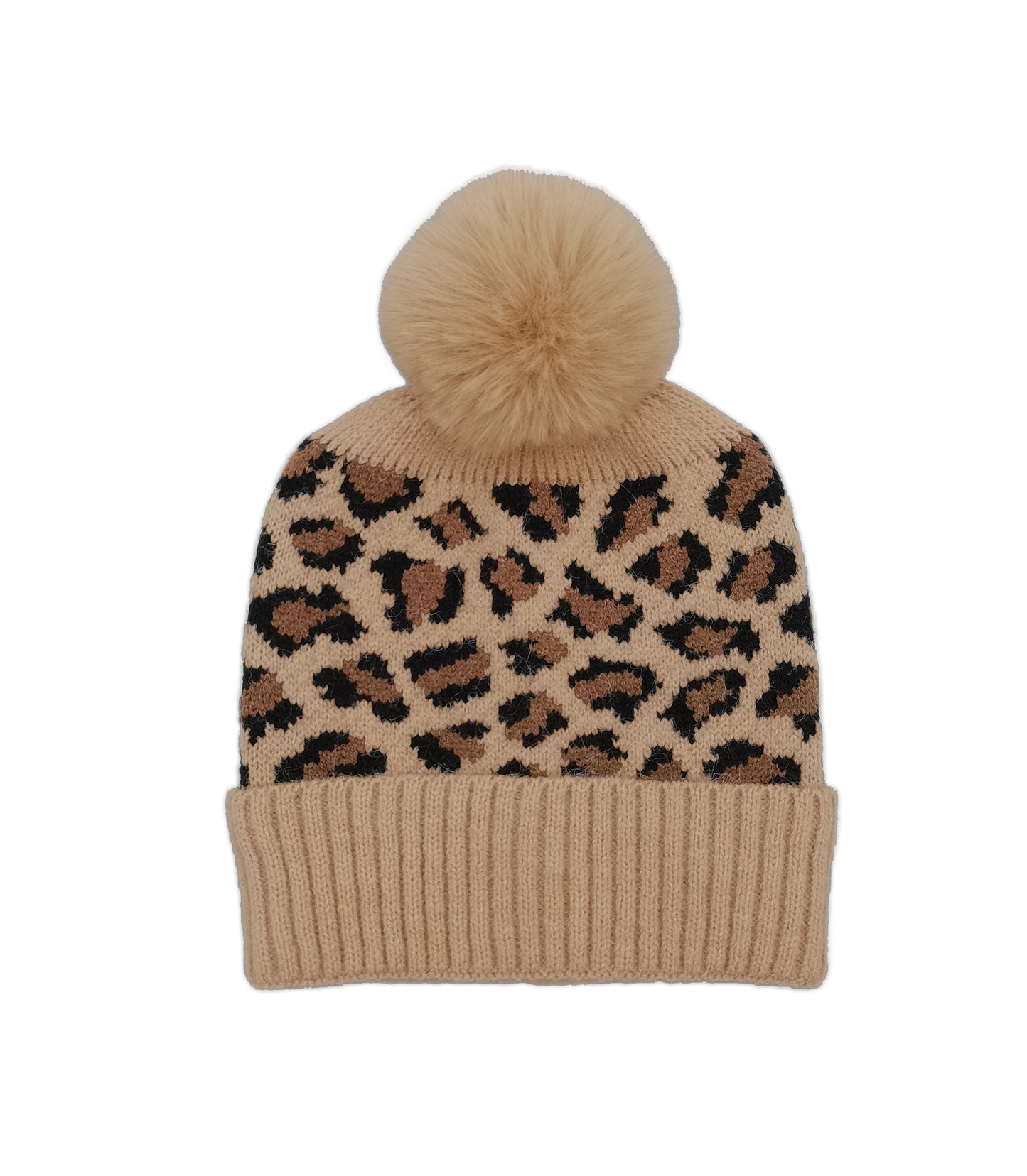 Leopard Rib Beanie With Faux Fur Pom