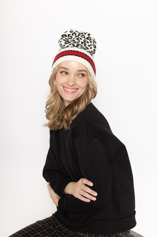 Leopard Beanie With Stripe Cuff