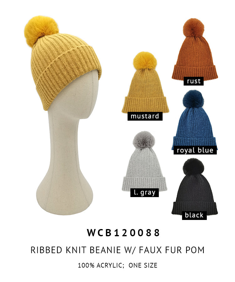 Ribbed Knit Beanie With Faux Fur Pom