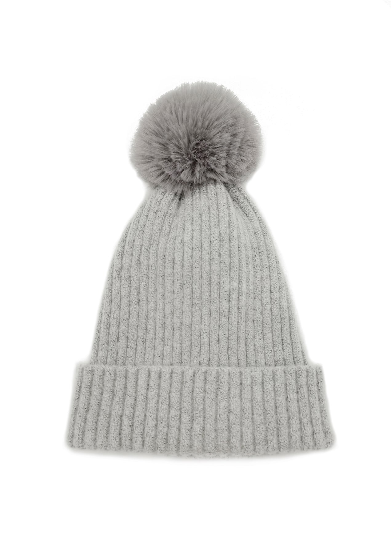 Ribbed Knit Beanie With Faux Fur Pom