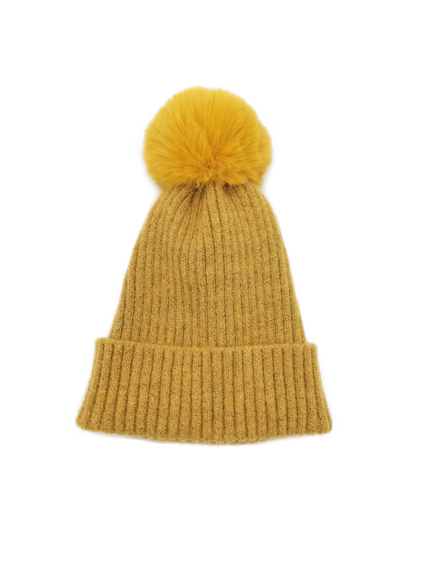 Ribbed Knit Beanie With Faux Fur Pom