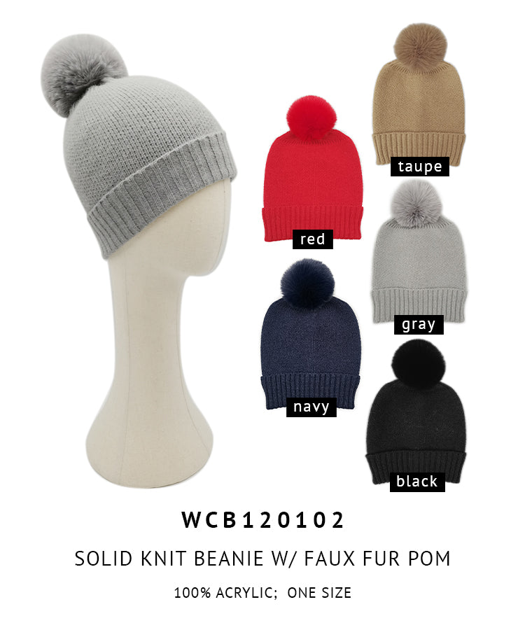 Solid Knit Beanie With Faux Fur Pom