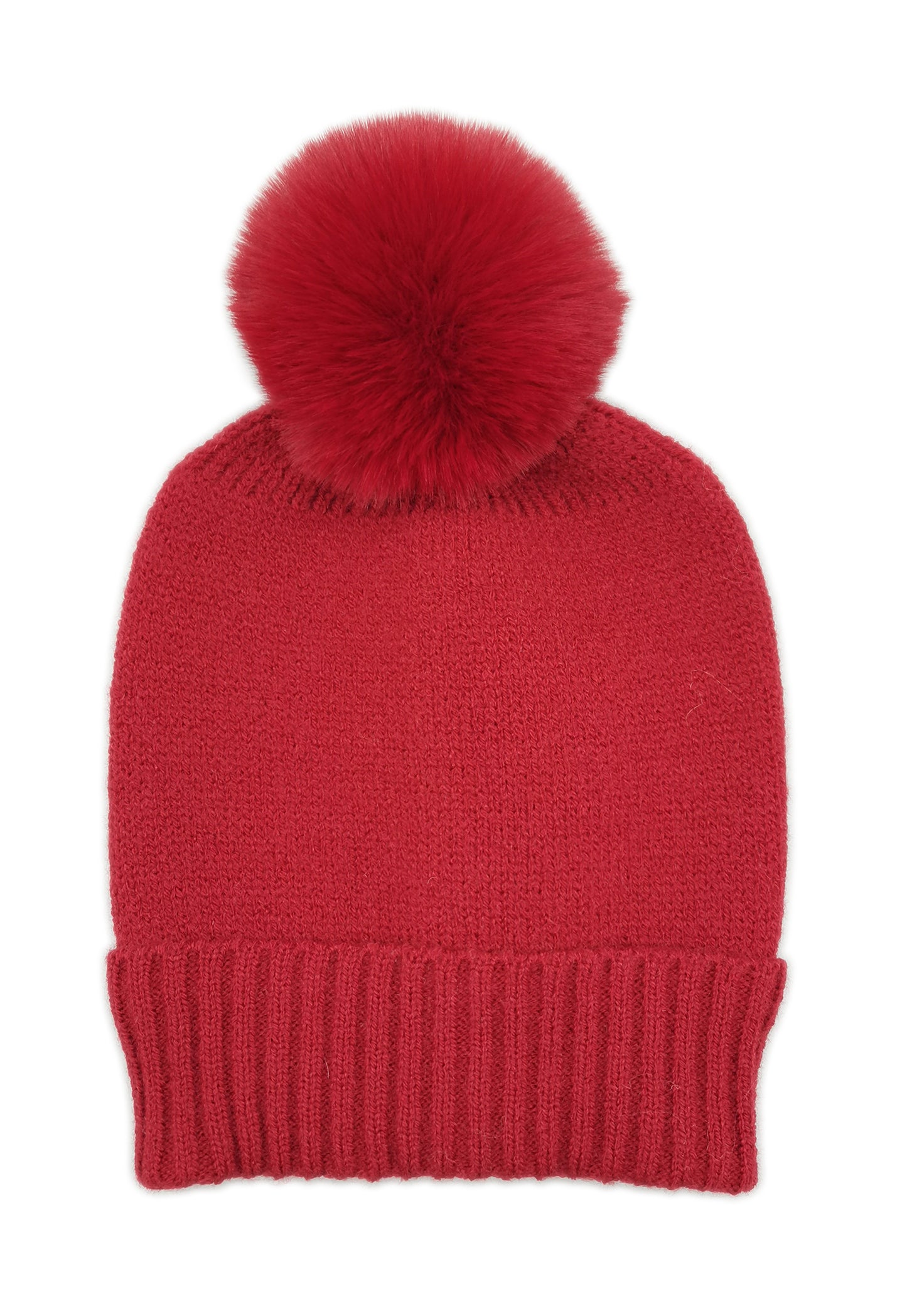 Solid Knit Beanie With Faux Fur Pom