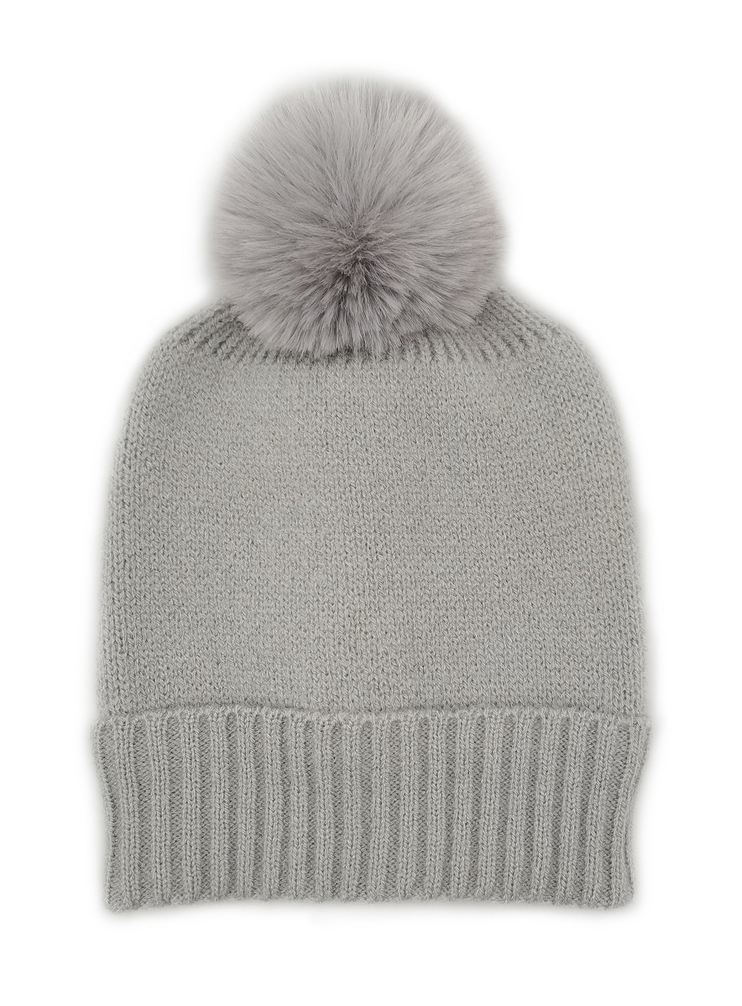 Solid Knit Beanie With Faux Fur Pom