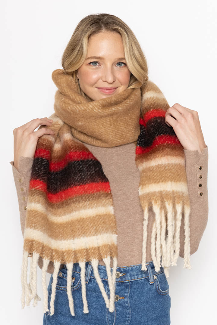 Multi Stripe Cozy Scarf With Fringe