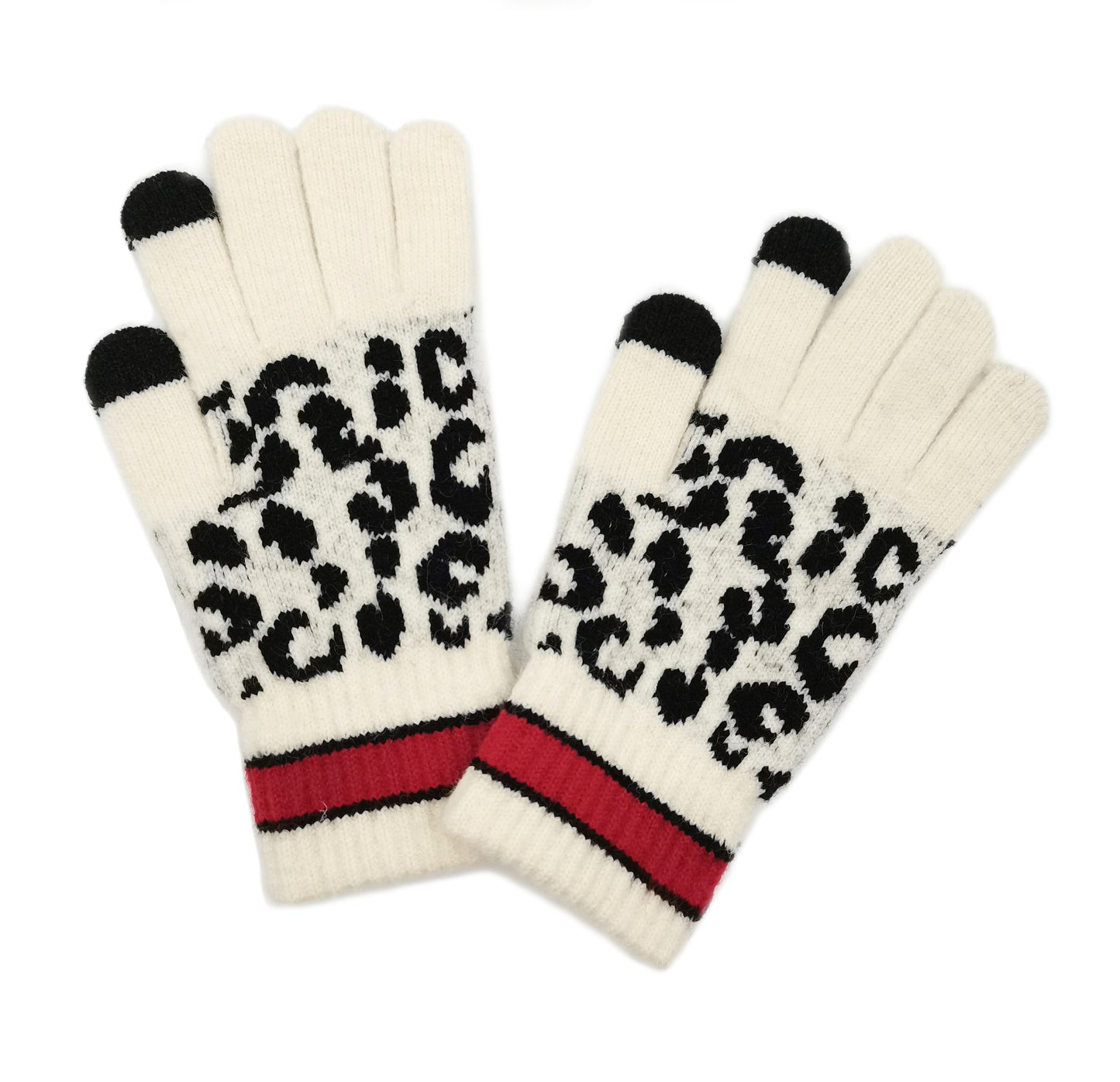 Leopard Touch Gloves With Stripe Cuff