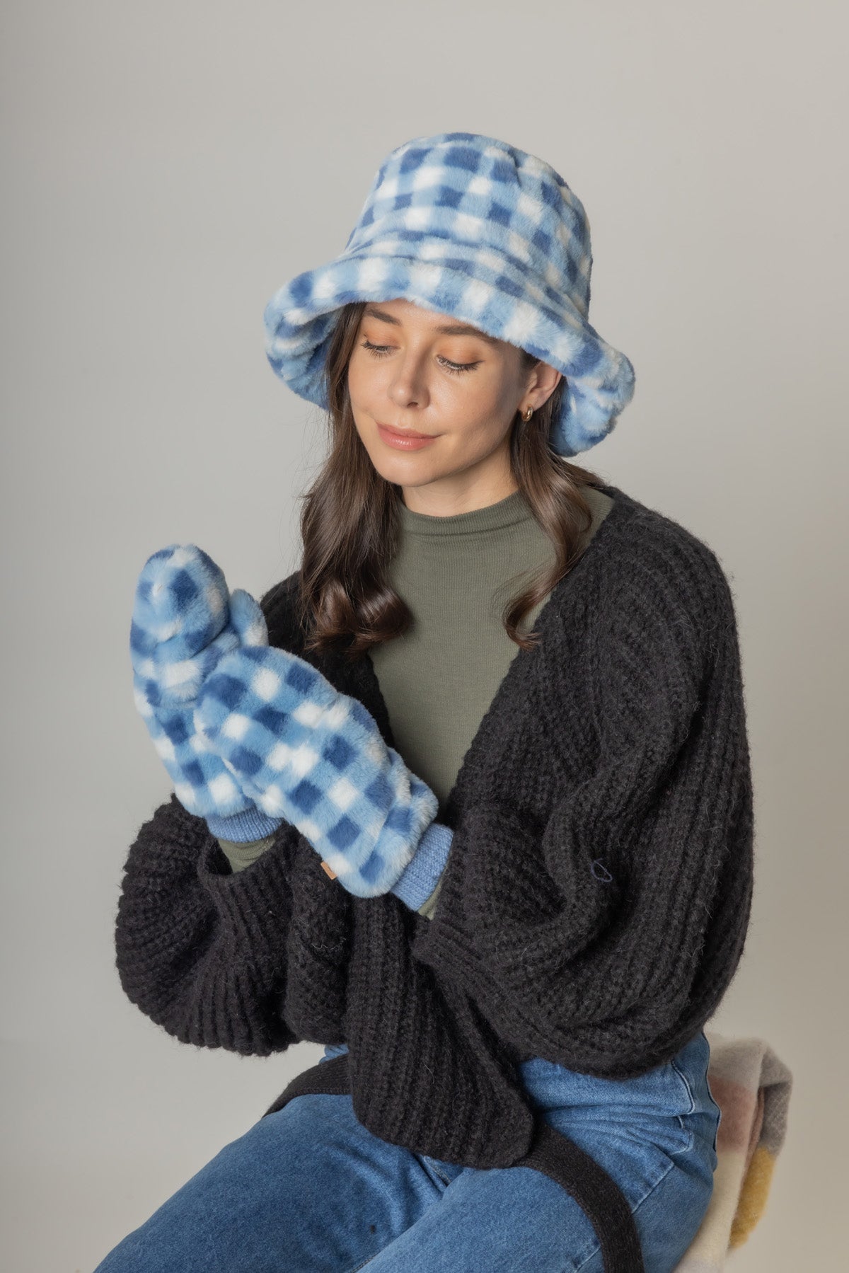 Checkered Faux Fur Bucket Hat