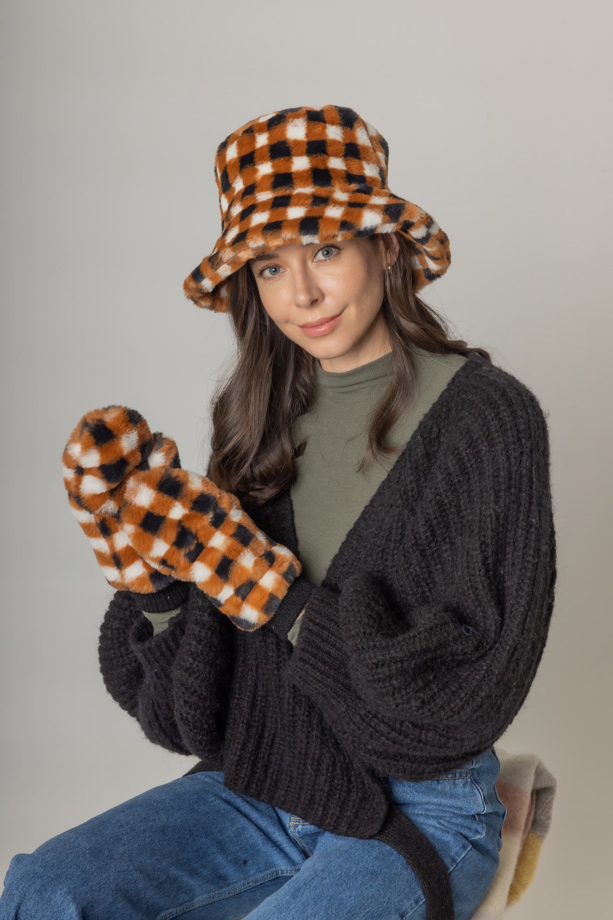 Checkered Faux Fur Bucket Hat