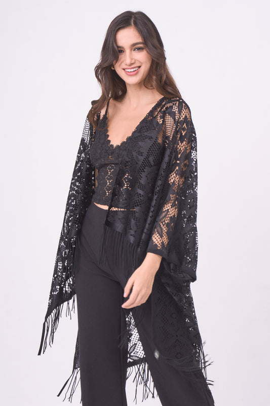 Floral Lace Kimono With Fringe