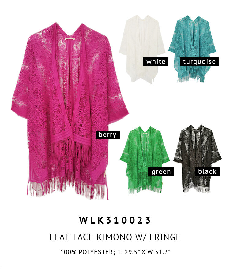 Leaf Pattern Lace Kimono With Fringe