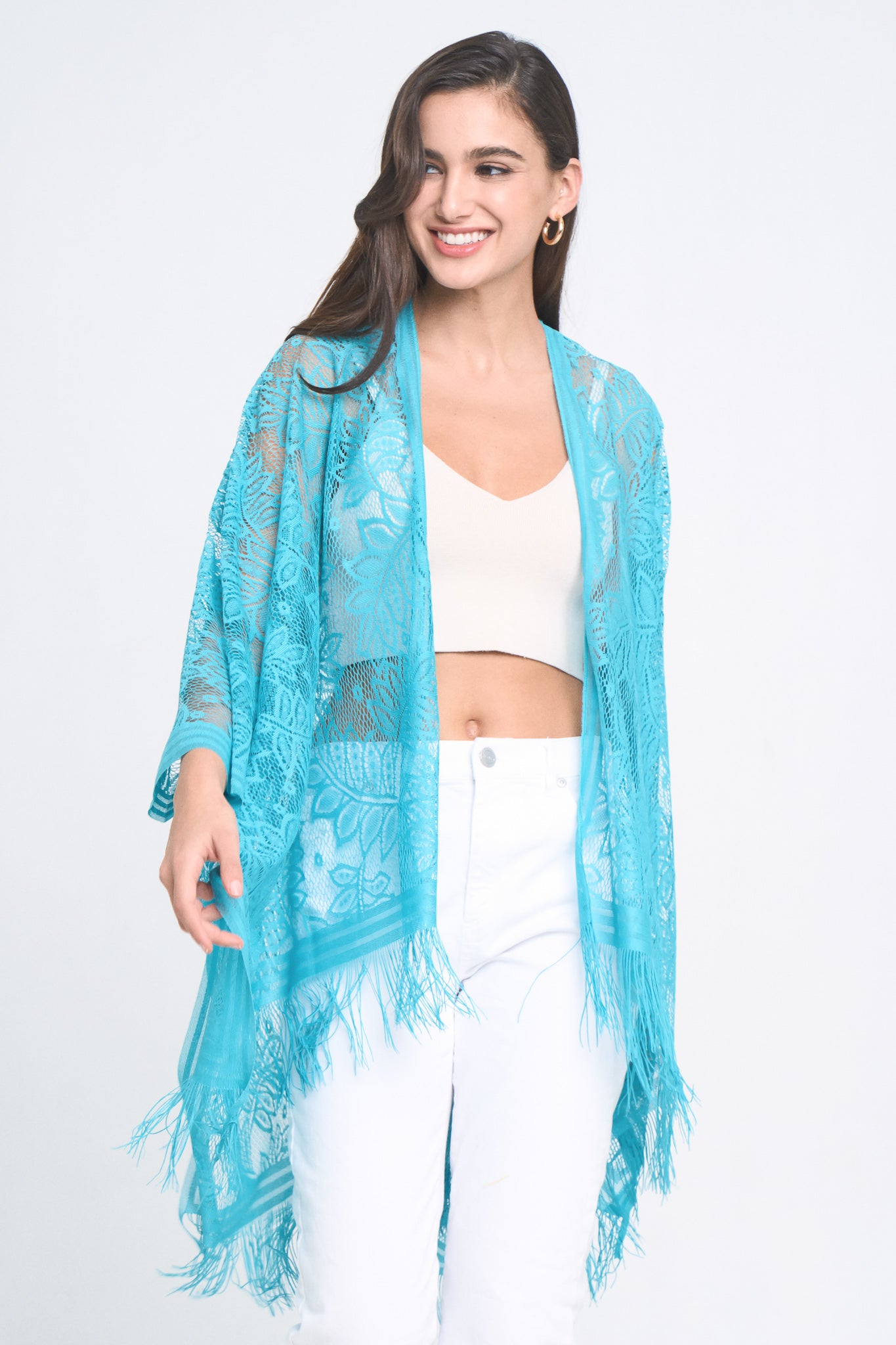 Leaf Pattern Lace Kimono With Fringe