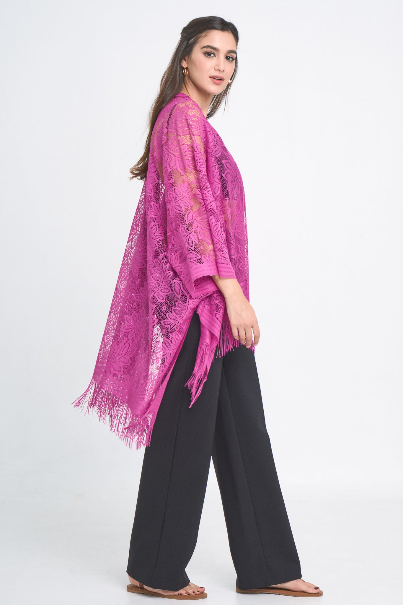 Leaf Pattern Lace Kimono With Fringe