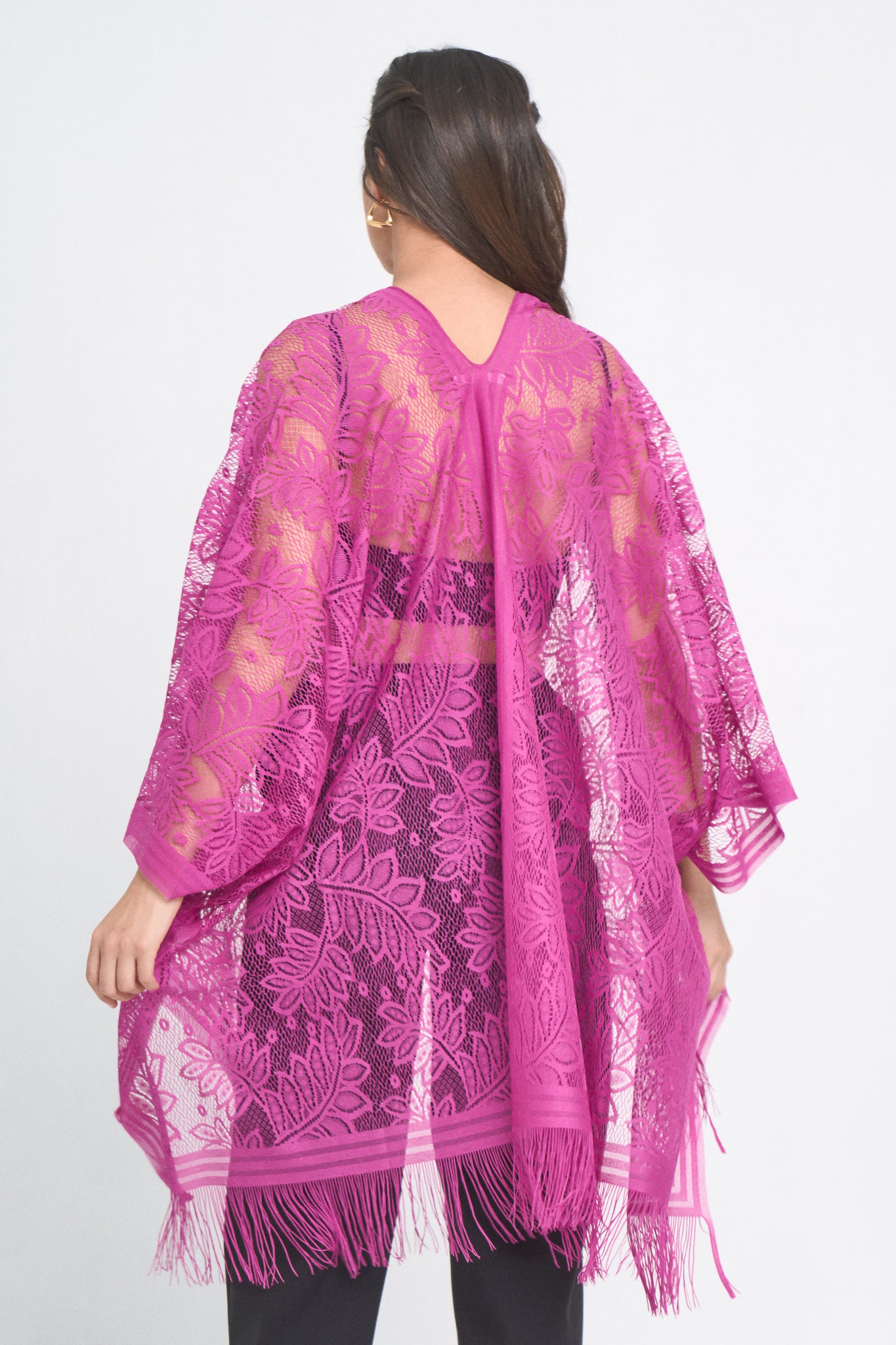 Leaf Pattern Lace Kimono With Fringe