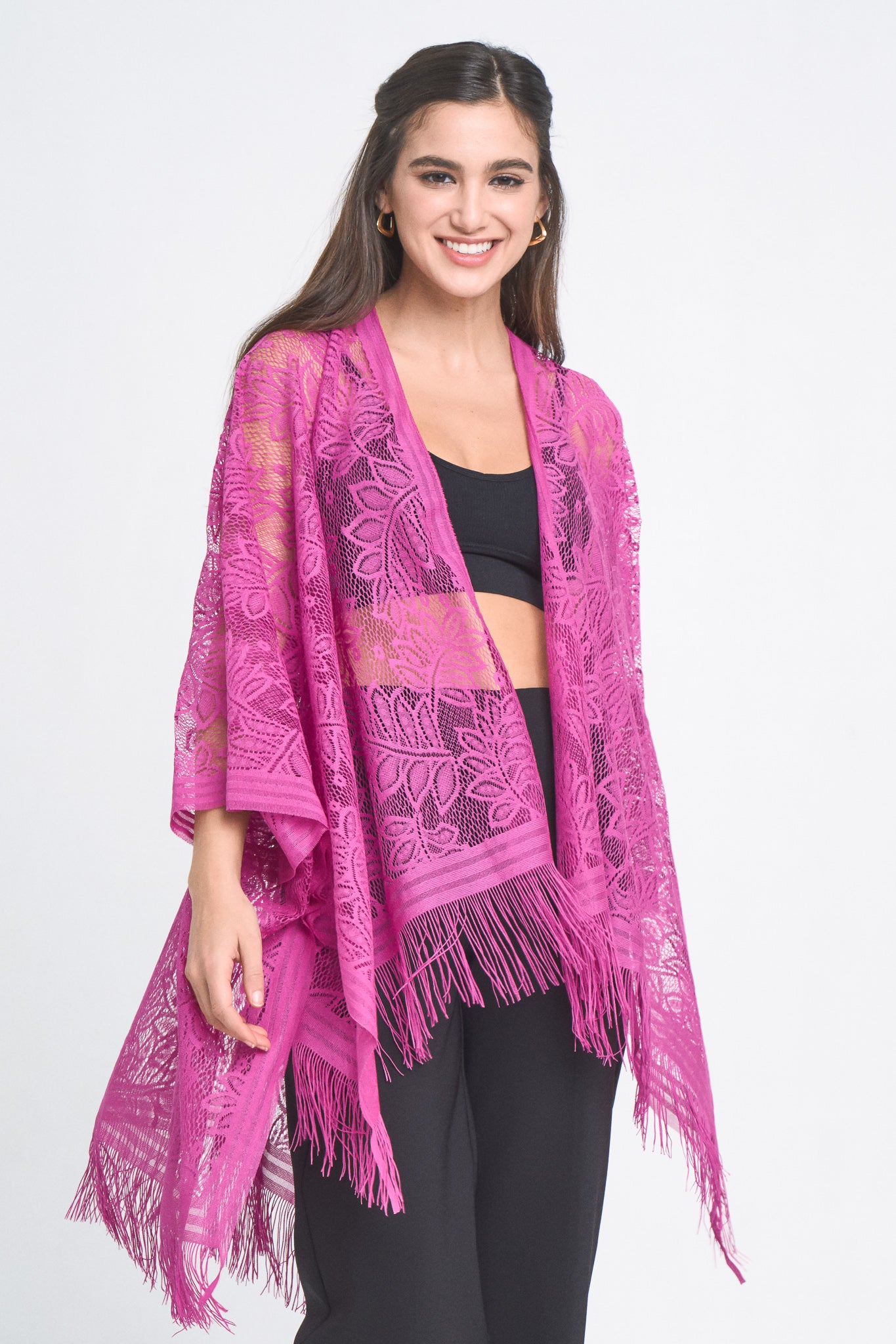 Leaf Pattern Lace Kimono With Fringe