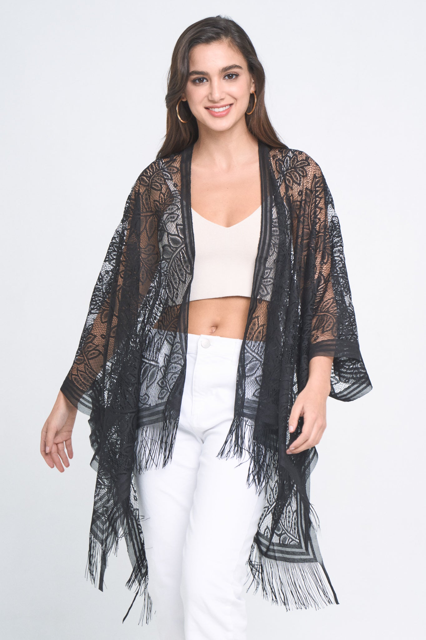 Leaf Pattern Lace Kimono With Fringe