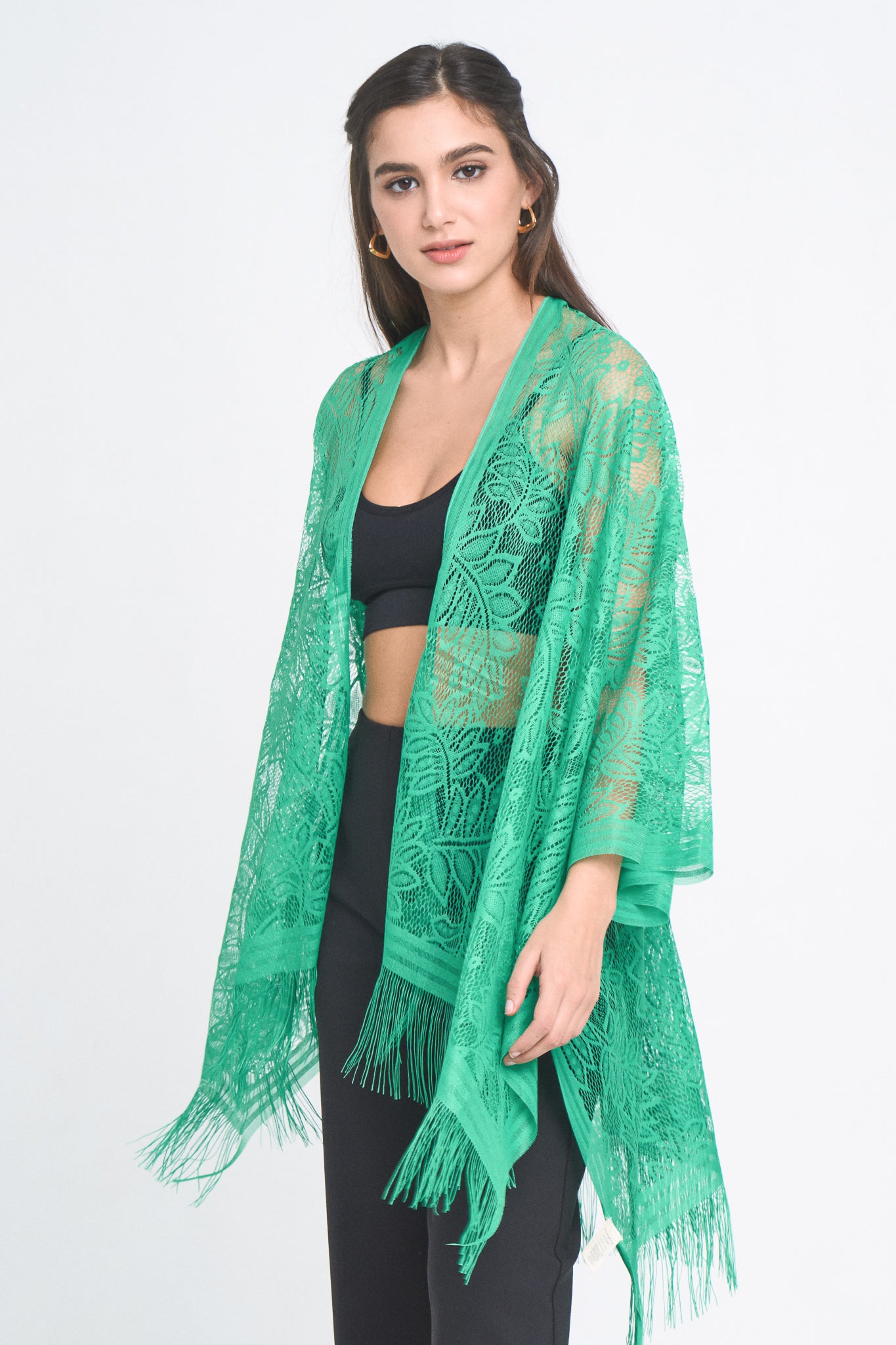 Leaf Pattern Lace Kimono With Fringe