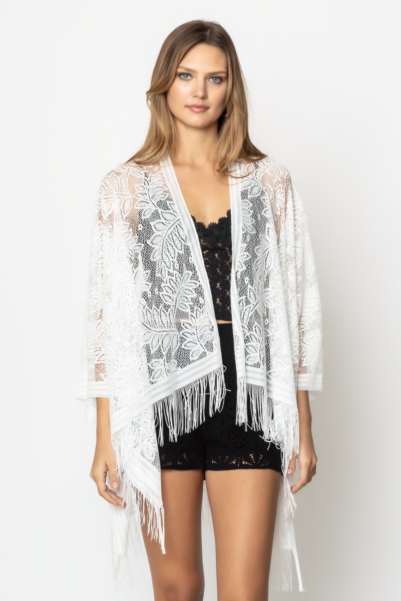 Leaf Pattern Lace Kimono With Fringe