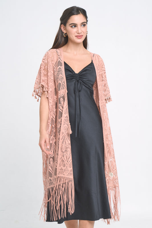 Heart Pattern Lace Kimono With Fringe