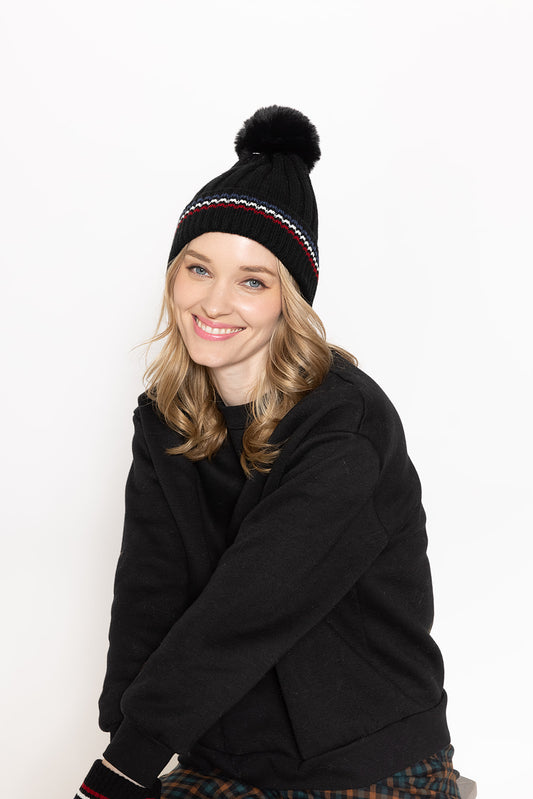 Stripe Rib Beanie With Faux Fur Pom