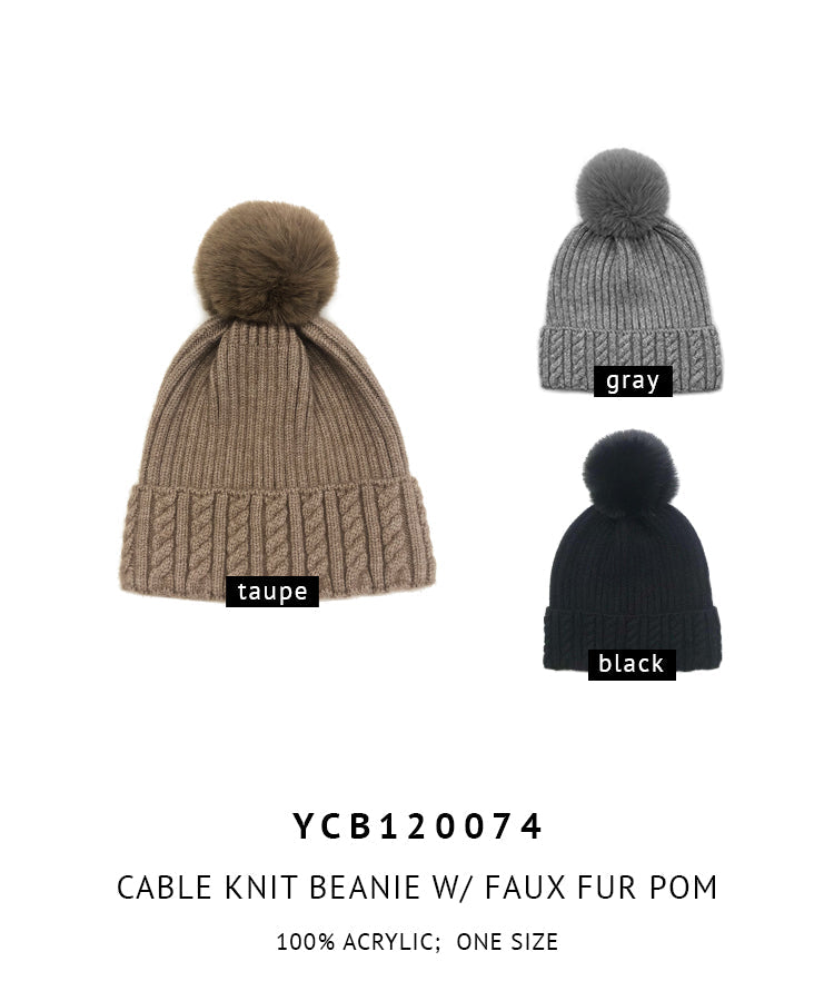 Cable Knit Beanie With Faux Fur Pom