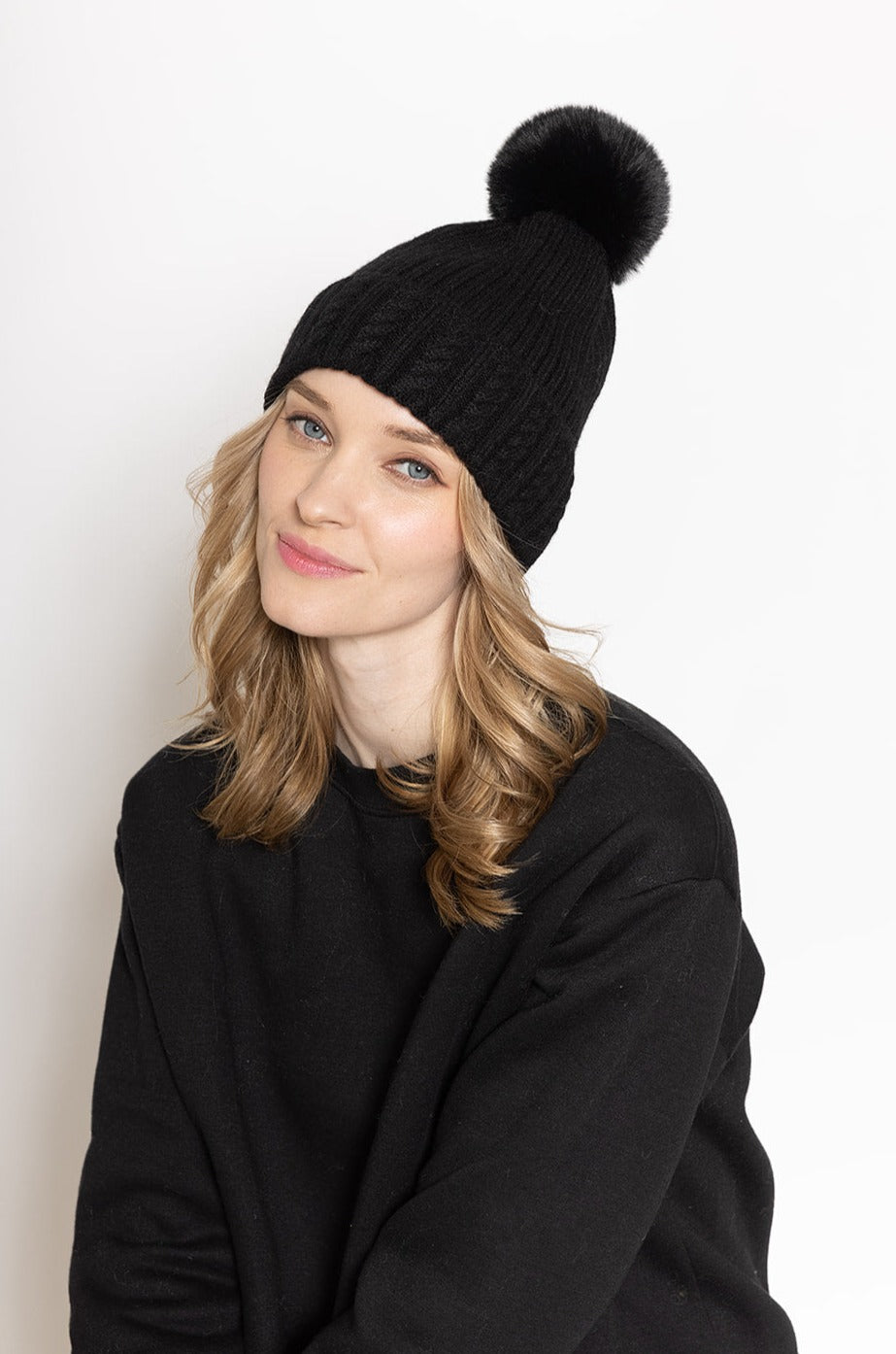 Cable Knit Beanie With Faux Fur Pom