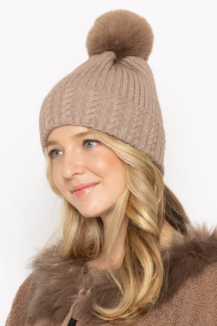 Cable Knit Beanie With Faux Fur Pom