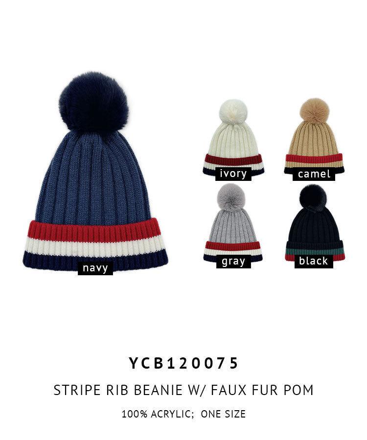 Stripe Rib Beanie With Faux Fur Pom