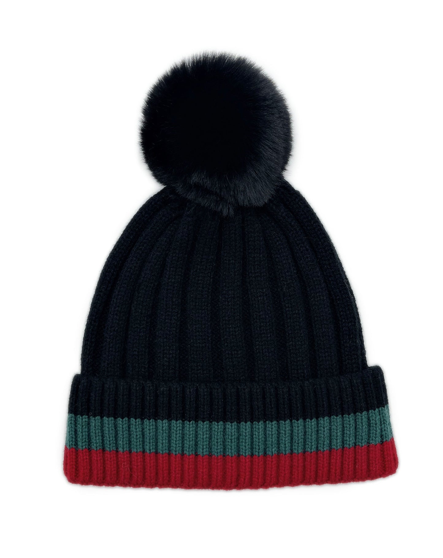 Stripe Rib Beanie With Faux Fur Pom