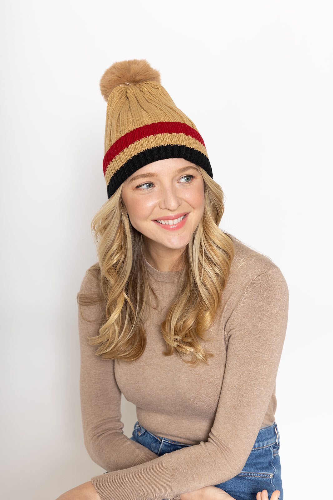 Stripe Rib Beanie With Faux Fur Pom