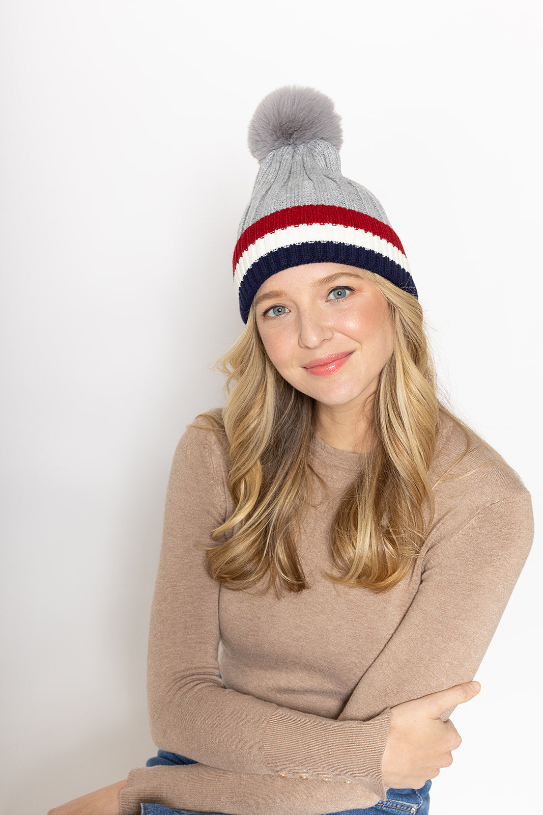 Stripe Rib Beanie With Faux Fur Pom