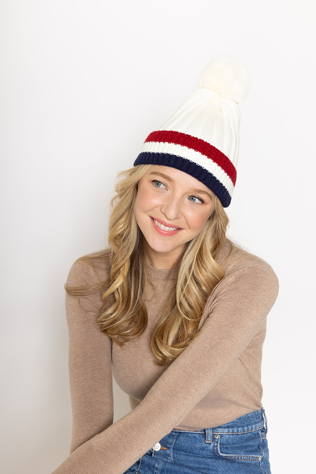 Stripe Rib Beanie With Faux Fur Pom