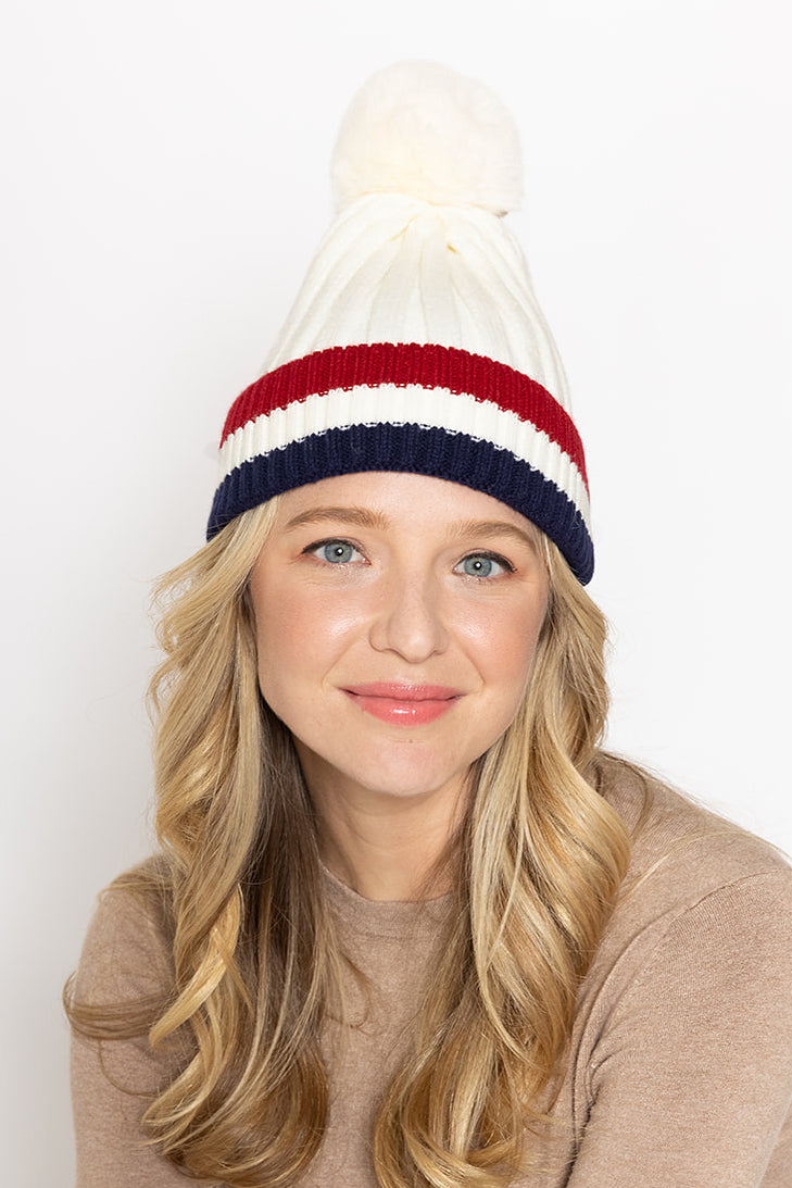 Stripe Rib Beanie With Faux Fur Pom