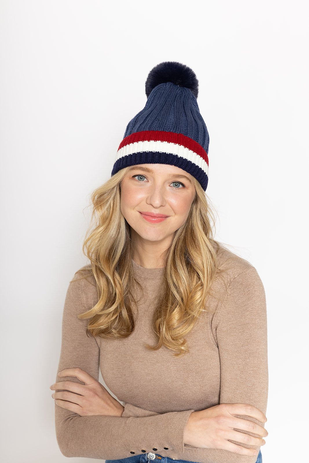 Stripe Rib Beanie With Faux Fur Pom